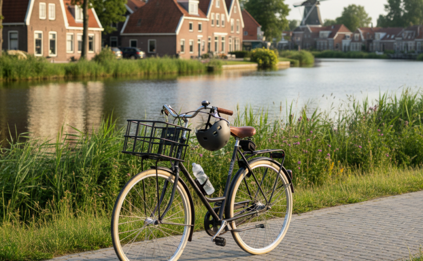 Recreatieve fietser op een rustig fietspad langs het water tijdens een training voor gewichtsverlies.